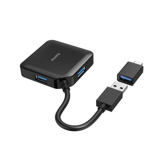 USB хъб HAMA, USB-А 4-портов, USB 3.2 Gen 1, 5 Gbit/s, USB-C адаптер, Черен