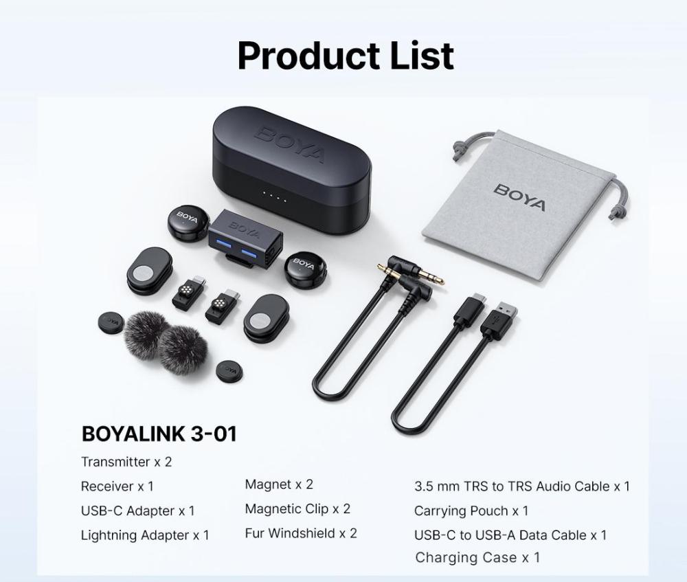Безжична система микрофони BOYA BOYALINK 3-01 with lightning+USB-C +3.5mm TRS plug