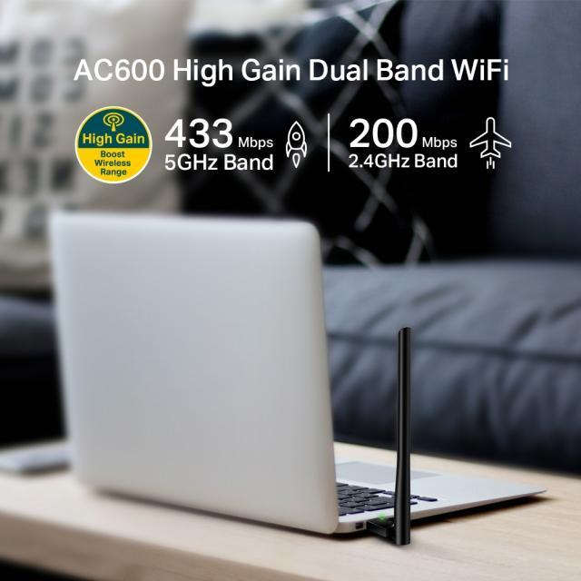 Безжичен адаптер TP-LINK Archer T2U PLUS, AC600, Dual band, USB, външна антена 5 dBi 