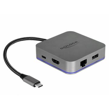 Докинг станция Delock, USB-A, USB-C, HDMI, Gigabit LAN, PD, Подсветка, Сива