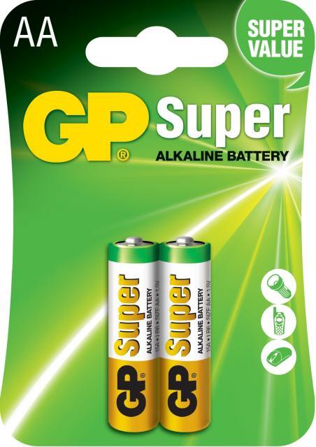 Алкална батерия GP SUPER LR6 AA, 2 бр. в опаковка, 1.5V, GP15A