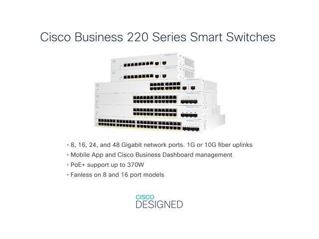 CISCO Business Switching CBS220 Smart 24-port Gigabit Full PoE 382W 4x1G SFP uplink