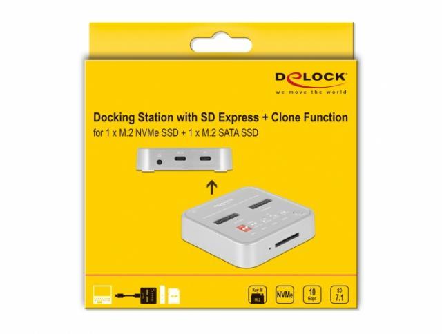 Докинг станция Delock, 1 x M.2 NVMe SSD + 1 x M.2 SATA SSD, SD Express Card Reader, Клониране