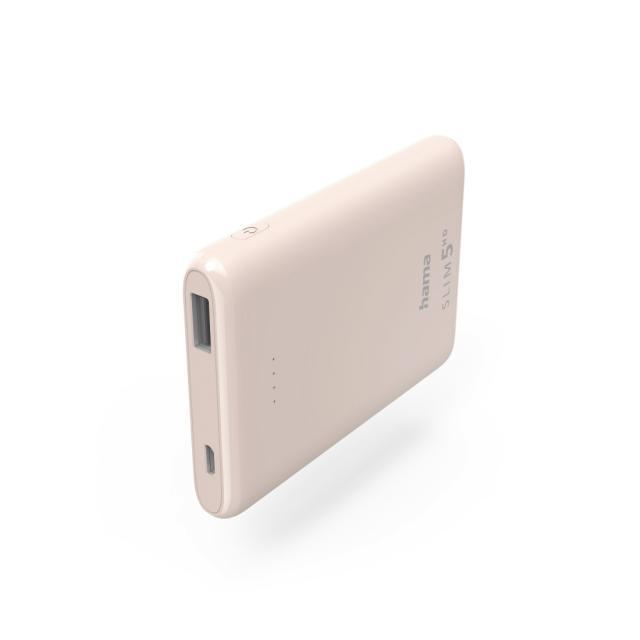 Външна батерия HAMA SLIM 5HD, 5000 mAh, USB-A, Светло розов