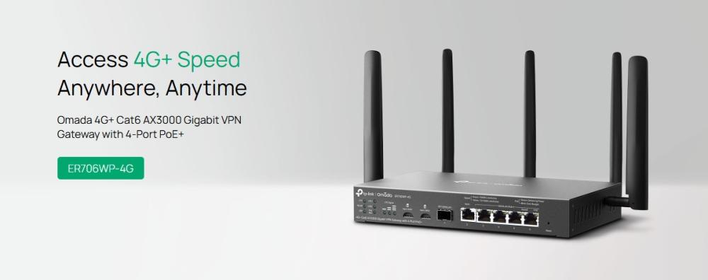 Гигабитен VPN рутер TP-Link Omada 4G+ Cat6 ER706WP-4G AX3000 4-портов PoE+