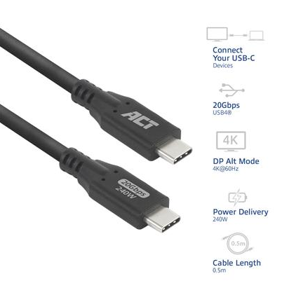 ACT Кабел USB-C - USB-C, 0.5 м / USB4, 20Gbps, 240W