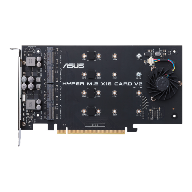 Карта ASUS Hyper M.2 x16 Card (PCIe 3.0) поддържа до 4 NVMe M.2 (2242/2260/2280/22110) устроиства