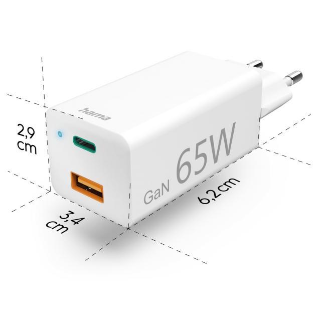 Бързо заряднo HAMA, Gan, 220V, 65W, 1x USB-C PD, 1x USB-A QC, Бял