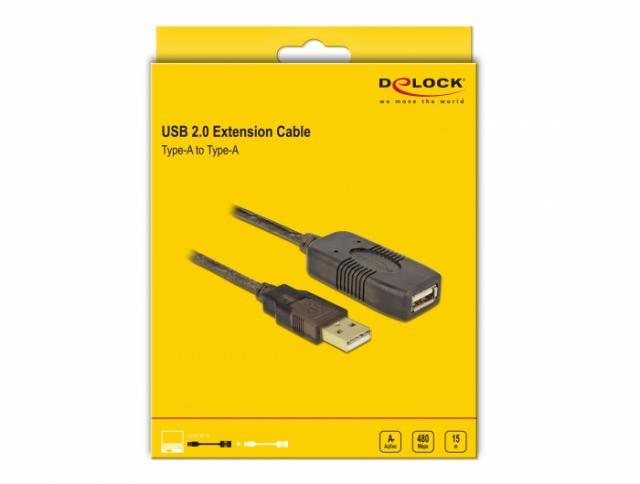 Удължителен кабел DeLock, USB-A женско - USB-A мъжко, USB 2.0, 15 м, Черен