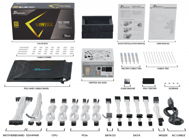 Захранващ блок SEASONIC VERTEX GX-1200 1200W White, 80+ Gold PCIe 5.0, Fully Modular