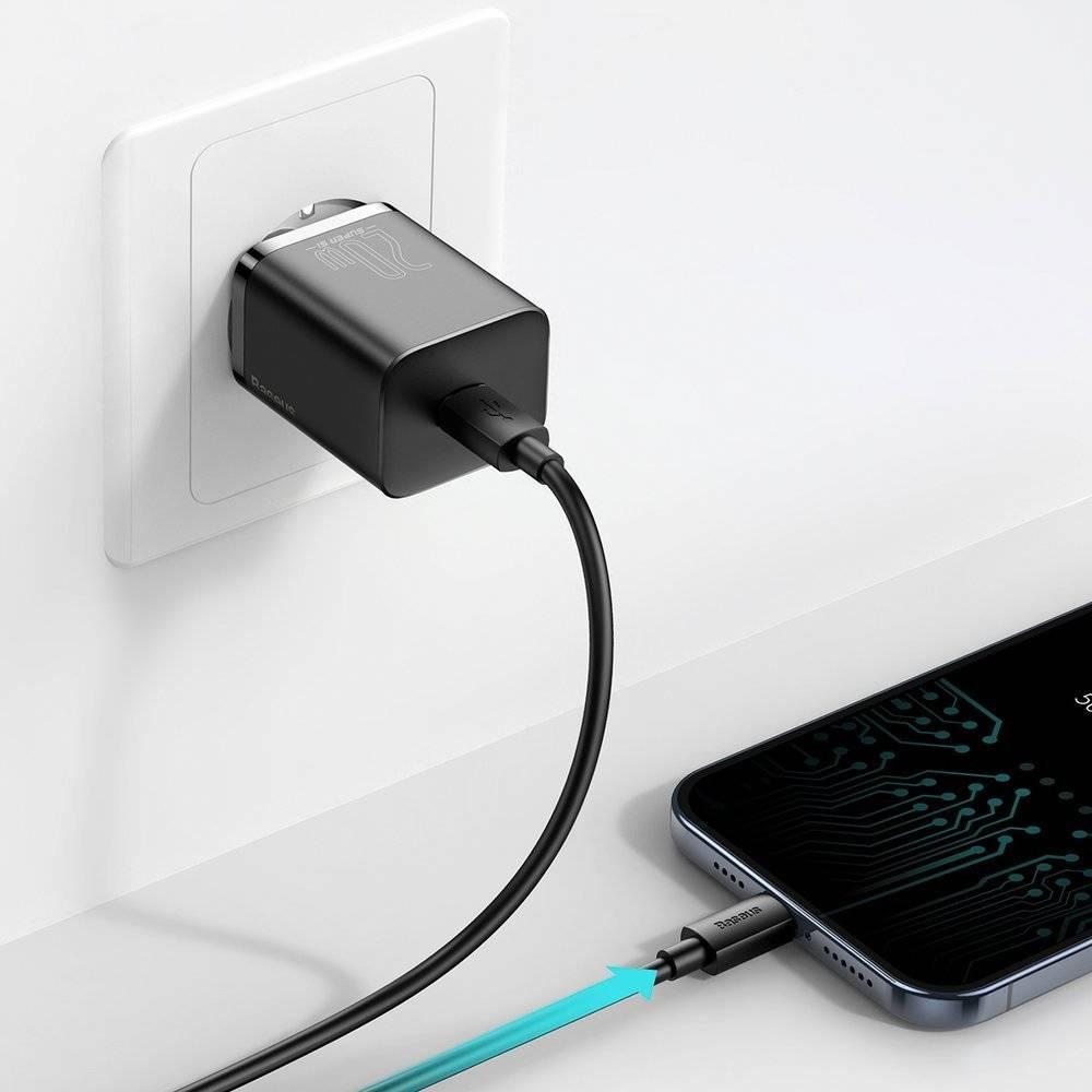 Зарядно устройство Baseus USB-C 20W super-si Quick + Type-C към Lightning кабел 1м, черен