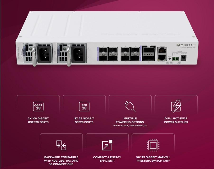 Комутатор Mikrotik CRS510-8XS-2XQ-IN 2x 100 Gigabit QSFP28 порта, 8x 25 Gigabit SFP28 порта