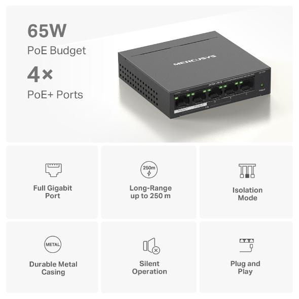 5-портов настолен комутатор Mercusys MS105GP със 4 PoE+ порта