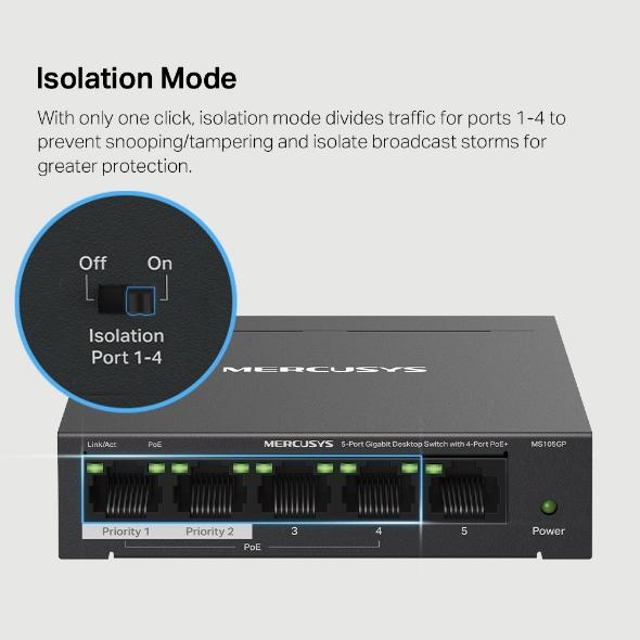 5-портов настолен комутатор Mercusys MS105GP със 4 PoE+ порта