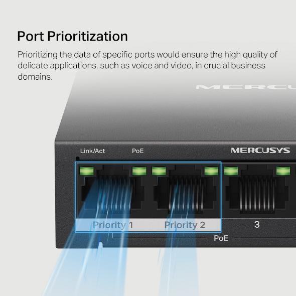 5-портов настолен комутатор Mercusys MS105GP със 4 PoE+ порта