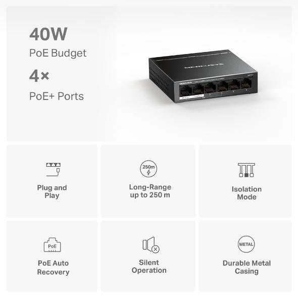 6-портов настолен комутатор Mercusys MS106LP 10/100 Mbps със 4 PoE+ порта