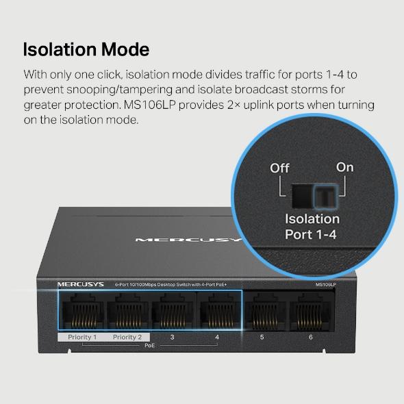 6-портов настолен комутатор Mercusys MS106LP 10/100 Mbps със 4 PoE+ порта