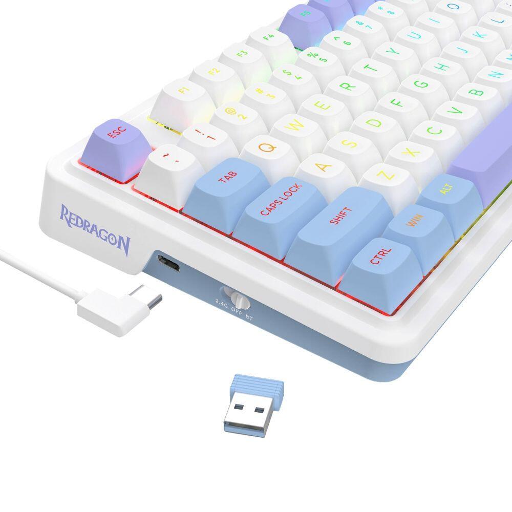 Геймърска механична клавиатура Redragon Cyrus Pro K681WBP-RGB-PRO с Bluetooth и безжична връзка, бяла с лилаво RGB осветление