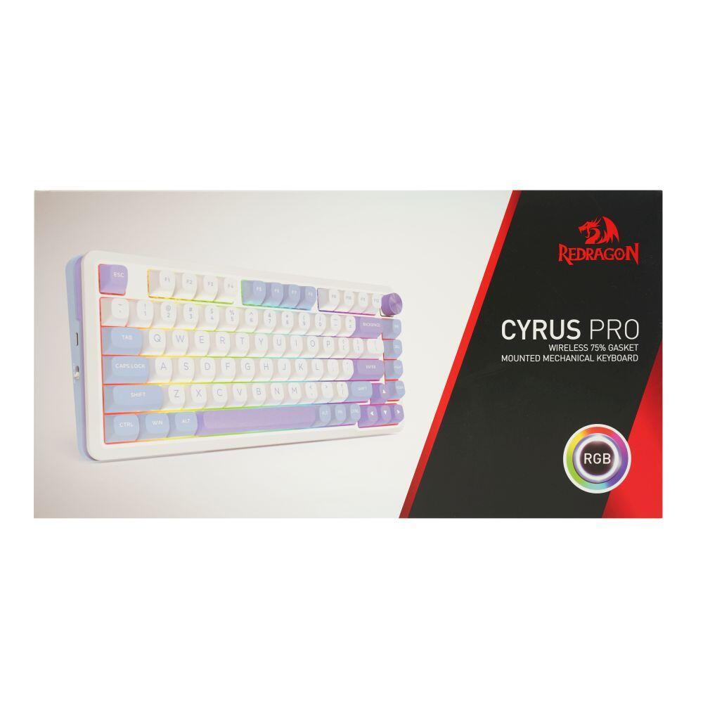Геймърска механична клавиатура Redragon Cyrus Pro K681WBP-RGB-PRO с Bluetooth и безжична връзка, бяла с лилаво RGB осветление
