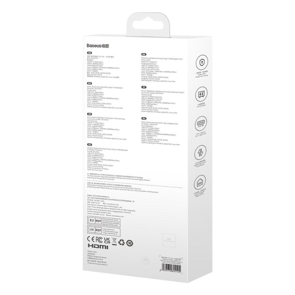 USB хъб Baseus AcmeJoy 8-портов USB-C към 1xHDMI /2xUSB-A 3.0 / 1xUSB-A 2.0 / 1xUSB-C PD&Data /1xRJ45 / 1xSD/TF - сив