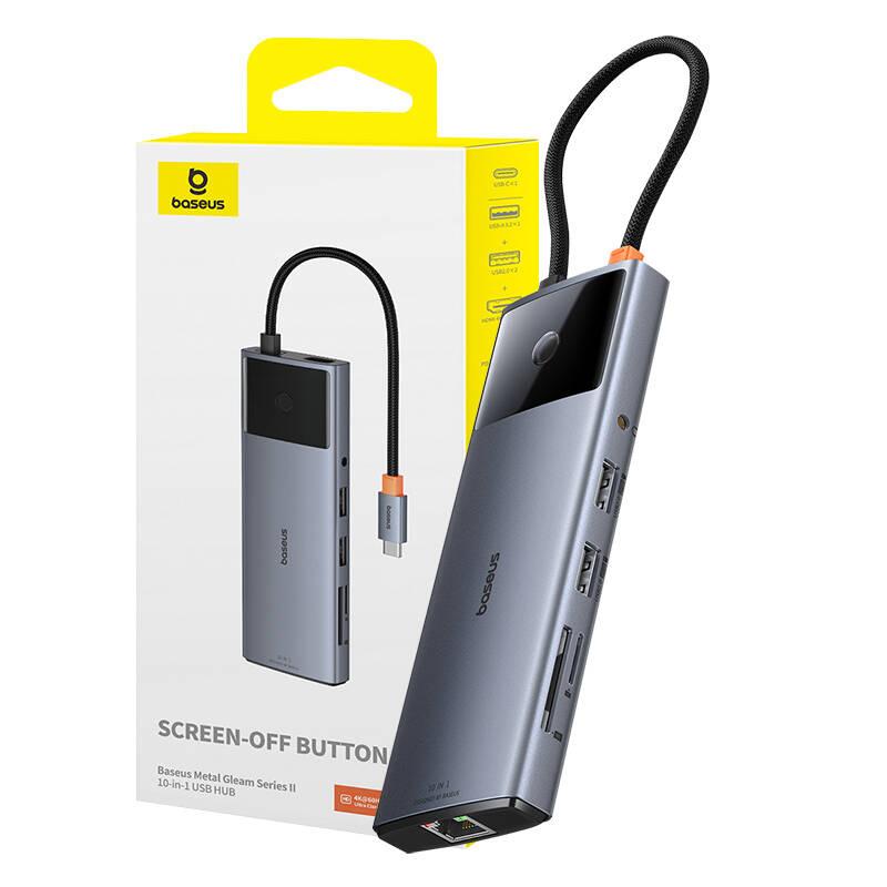 USB хъб Baseus 10 в 1 Metal Gleam II Series Type-C към 1xHDMI, USB-A (10Gbps), USB-C, 2xUSB-A, RJ45, SD/TF, mini-jack 3,5 мм, USB-C(PD) B00061800813-00 - тъмносив