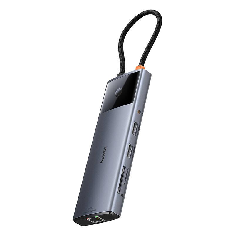 USB хъб Baseus 10 в 1 Metal Gleam II Series Type-C към 1xHDMI, USB-A (10Gbps), USB-C, 2xUSB-A, RJ45, SD/TF, mini-jack 3,5 мм, USB-C(PD) B00061800813-00 - тъмносив