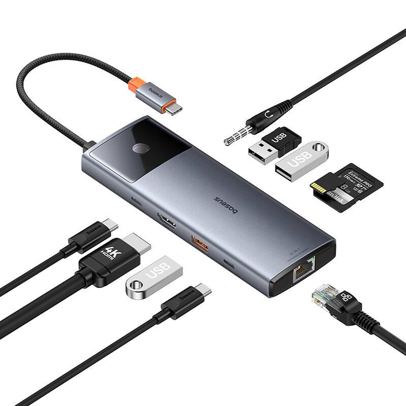USB хъб Baseus 10 в 1 Metal Gleam II Series Type-C към 1xHDMI, USB-A (10Gbps), USB-C, 2xUSB-A, RJ45, SD/TF, mini-jack 3,5 мм, USB-C(PD) B00061800813-00 - тъмносив