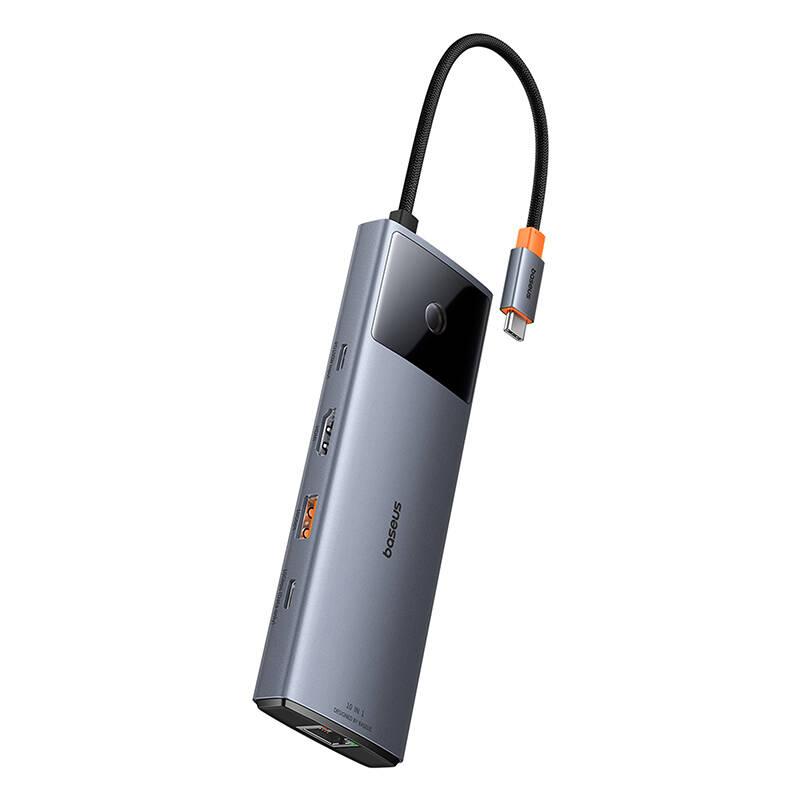 USB хъб Baseus 10 в 1 Metal Gleam II Series Type-C към 1xHDMI, USB-A (10Gbps), USB-C, 2xUSB-A, RJ45, SD/TF, mini-jack 3,5 мм, USB-C(PD) B00061800813-00 - тъмносив