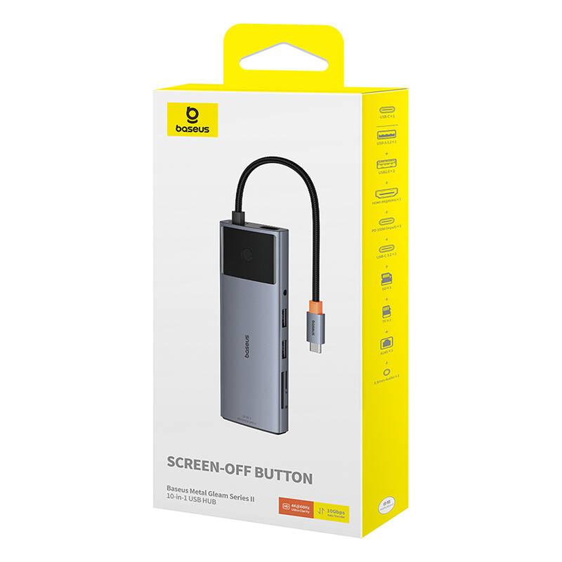 USB хъб Baseus 10 в 1 Metal Gleam II Series Type-C към 1xHDMI, USB-A (10Gbps), USB-C, 2xUSB-A, RJ45, SD/TF, mini-jack 3,5 мм, USB-C(PD) B00061800813-00 - тъмносив