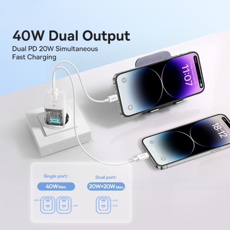 Зарядно устройство 220V Baseus 40W, 2xUSB-C, GaN 5 CCGP180102 - бяло