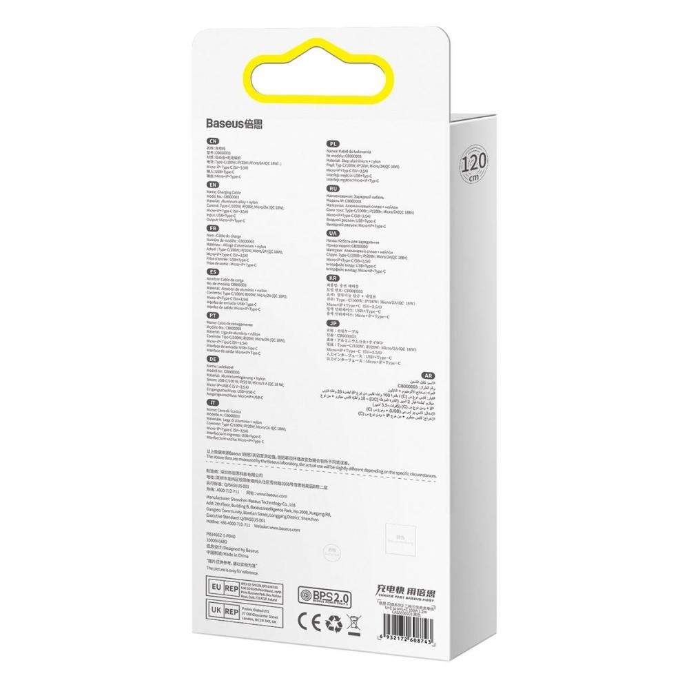 Кабел Baseus Flash Series II USB Type C / USB Type A - USB Type C / Lightning / micro USB 100 W 1.2 м CASS030101 - черен