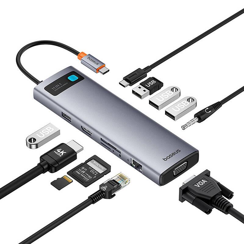 USB хъб Baseus 11 в 1 StarJoy Metal Glam Series Type-C към HDMI +VGA + 3 x USB 3.0 + USB 2.0+USB-C PD + RJ45 + SD/TF +3,5мм B00030709811-00 - тъмносив
