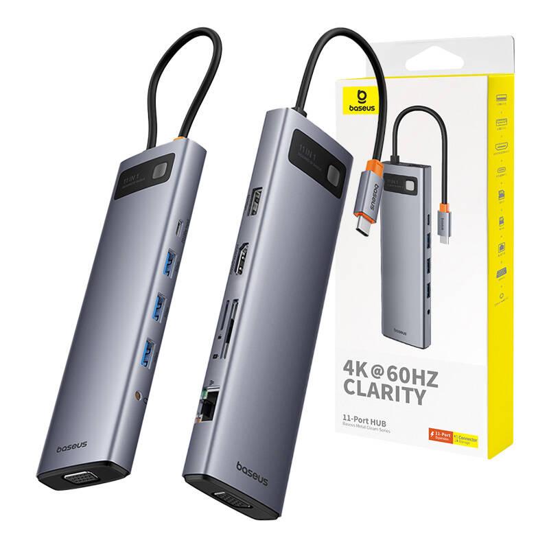 USB хъб Baseus 11 в 1 StarJoy Metal Glam Series Type-C към HDMI +VGA + 3 x USB 3.0 + USB 2.0+USB-C PD + RJ45 + SD/TF +3,5мм B00030709811-00 - тъмносив