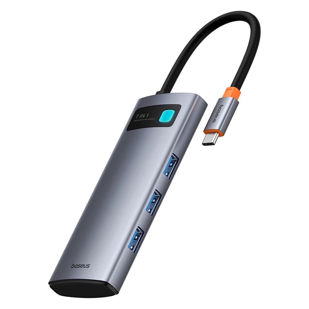 USB хъб Baseus Metal Gleam B00030708811-01 7-в-1 USB-C (HDMI 4K@60Hz / 3×USB 3.0 / USB-C PD 100W / SD / microSD) - сив