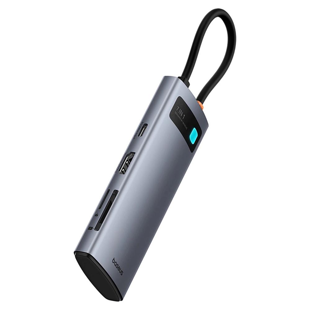 USB хъб Baseus Metal Gleam B00030708811-01 7-в-1 USB-C (HDMI 4K@60Hz / 3×USB 3.0 / USB-C PD 100W / SD / microSD) - сив