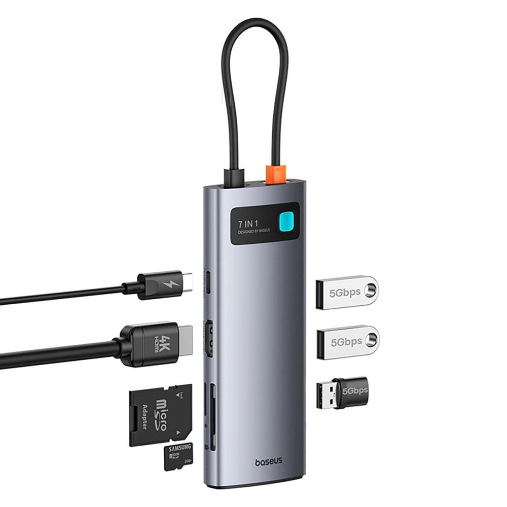 USB хъб Baseus Metal Gleam B00030708811-01 7-в-1 USB-C (HDMI 4K@60Hz / 3×USB 3.0 / USB-C PD 100W / SD / microSD) - сив
