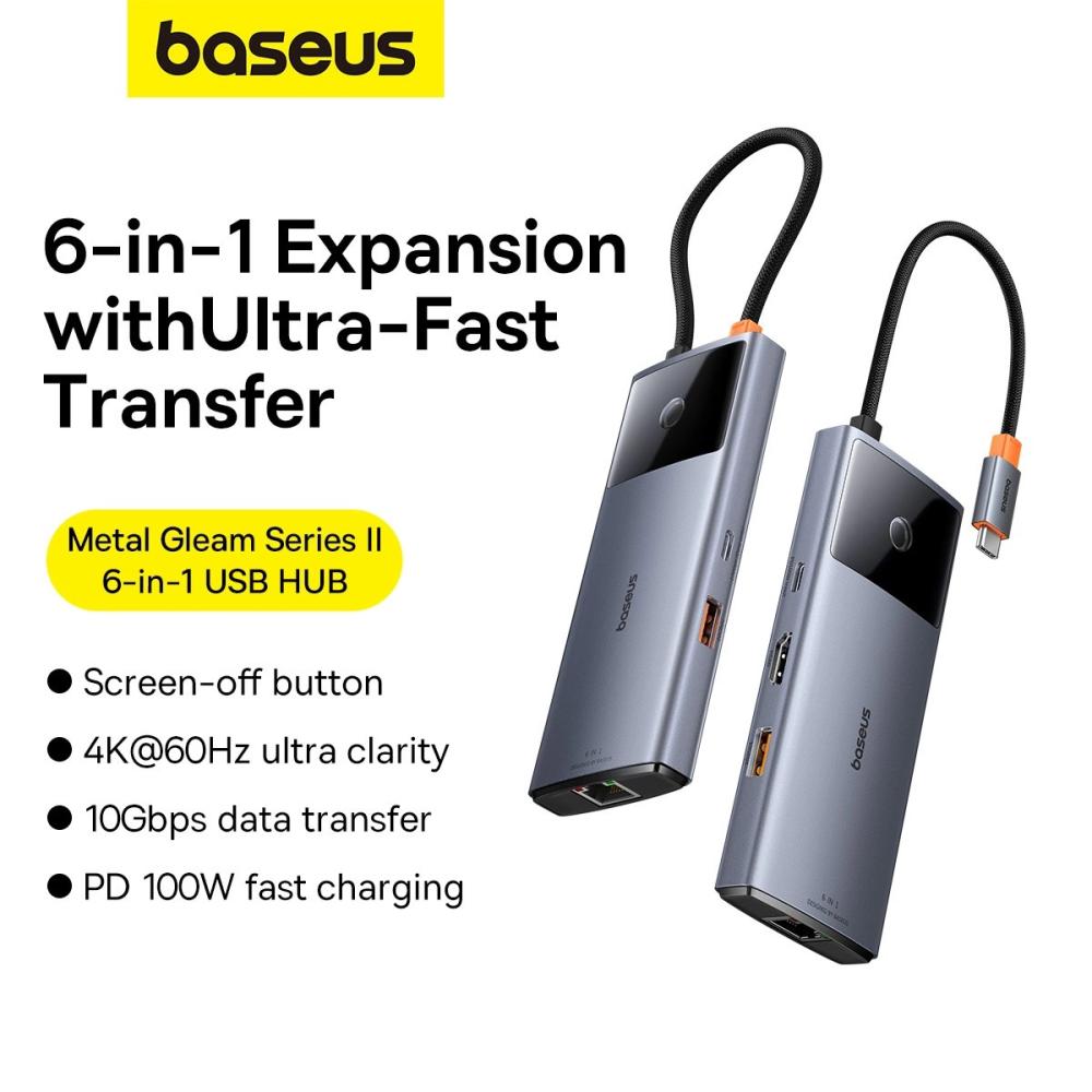 Докинг станция Baseus Metal Gleam Series II 155478 6-в-1 USB-A/USB-C/USB-C PD/HDMI/RJ45 - черен
