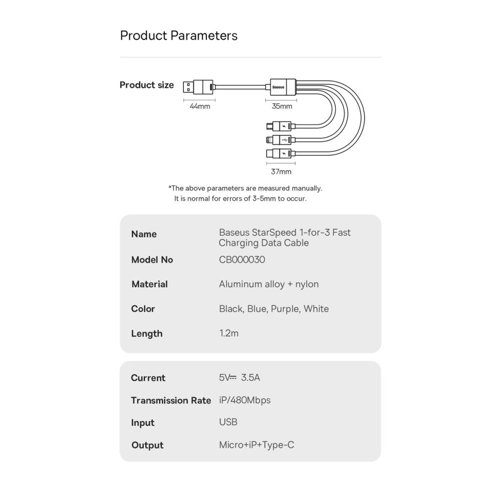 Кабел Baseus StarSpeed USB към M+L+C 3.5A Fast Charging 1.2м  - син
