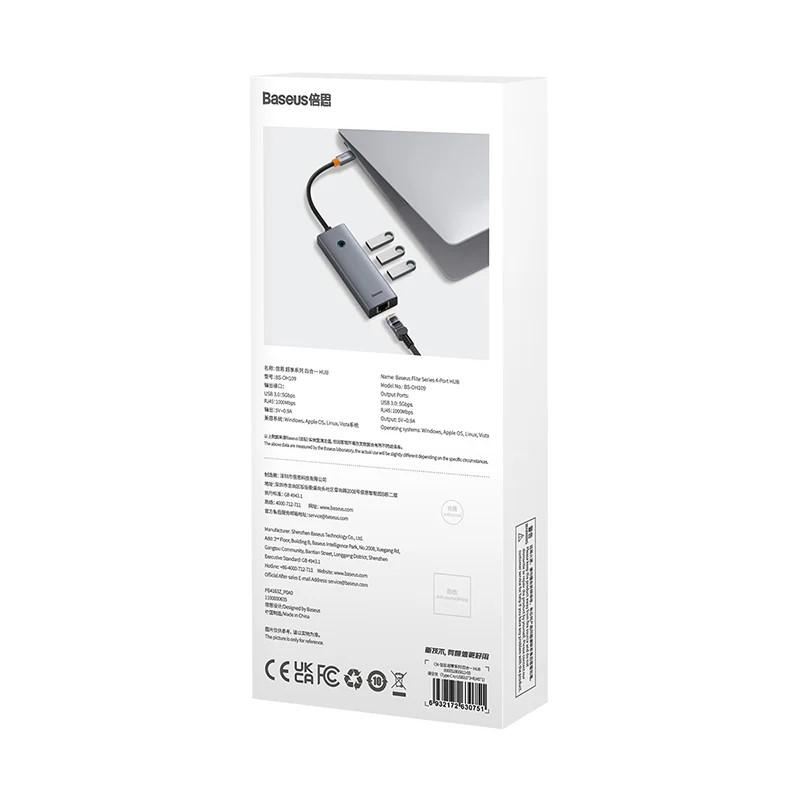 USB хъб Baseus UltraJoy 4 в 1, USB Type-C към 3 x USB 3.0 и 1 x RJ45 B0005280A813-00 - сив
