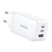 Зарядно устройство Ugreen 15339 Nexode Мрежов адаптер, 2xUSB-C, USB-A 3.0, PD3.0, QC4.0, GaN, 65W - бяло
