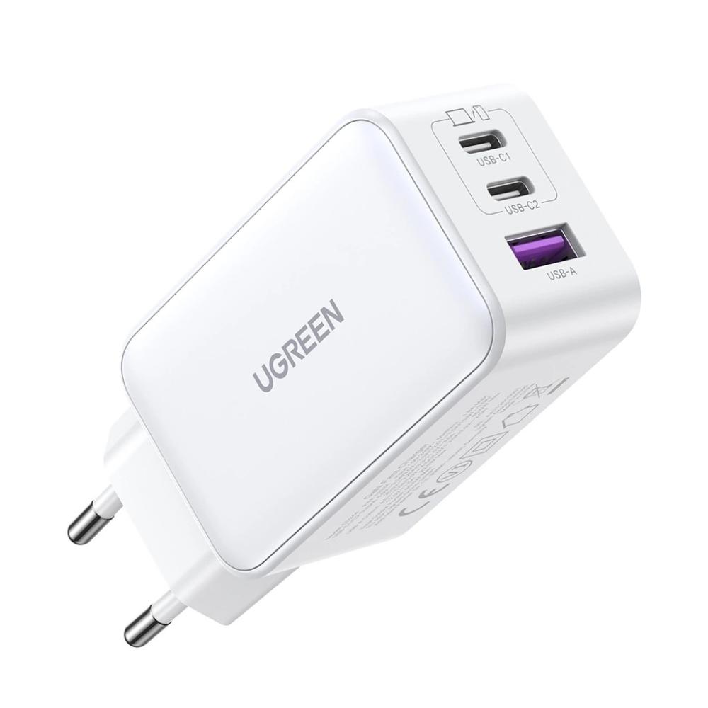 Зарядно устройство Ugreen 15339 Nexode Мрежов адаптер, 2xUSB-C, USB-A 3.0, PD3.0, QC4.0, GaN, 65W - бяло