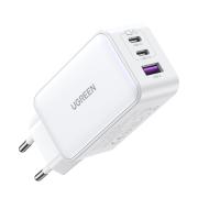 Зарядно устройство Ugreen 15339 Nexode Мрежов адаптер, 2xUSB-C, USB-A 3.0, PD3.0, QC4.0, GaN, 65W - бяло
