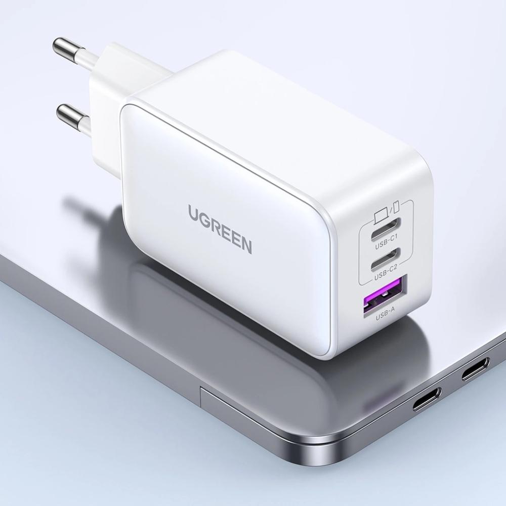 Зарядно устройство Ugreen 15339 Nexode Мрежов адаптер, 2xUSB-C, USB-A 3.0, PD3.0, QC4.0, GaN, 65W - бяло