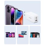 Зарядно устройство Ugreen 15339 Nexode Мрежов адаптер, 2xUSB-C, USB-A 3.0, PD3.0, QC4.0, GaN, 65W - бяло