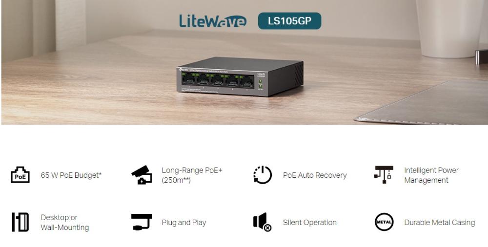 5-портов гигабитов комутатор TP-Link LS105GP с 4-порта PoE+