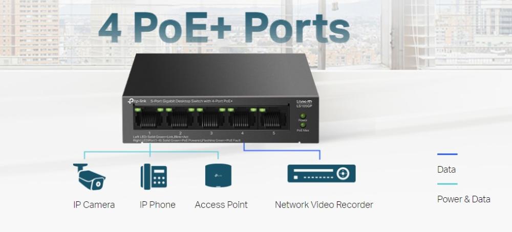 5-портов гигабитов комутатор TP-Link LS105GP с 4-порта PoE+
