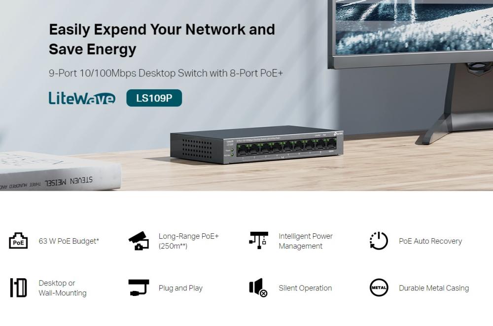 Комутатор TP-Link LS109P 9-портов 10/100Mbps с 8-портов PoE+