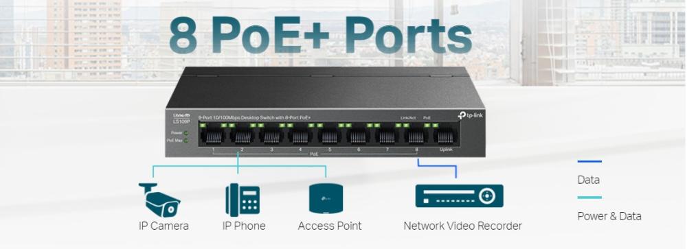 Комутатор TP-Link LS109P 9-портов 10/100Mbps с 8-портов PoE+
