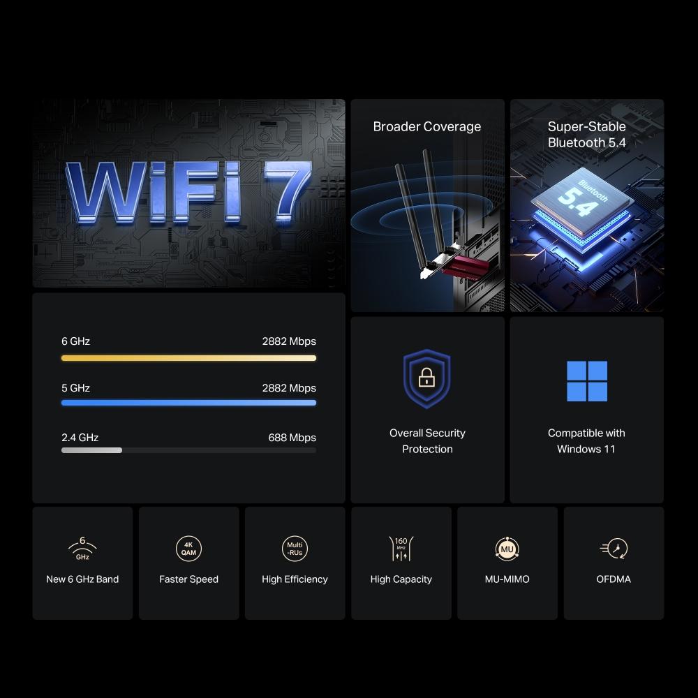 Безжичен Wi-Fi 7 Bluetooth 5.4 PCIe Адаптер Mercusys MA37BE BE6500