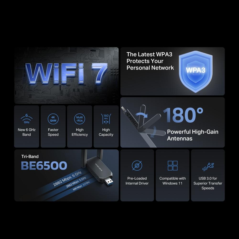 Безжичен USB адаптер с висок коефициент на усилване Mercusys MA37BEH BE6500 Wi-Fi 7